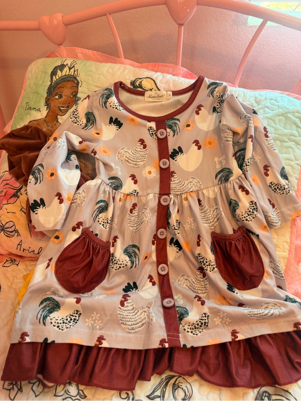 Girls Cream Rooster Print Button-Front Dress with Rust Trim